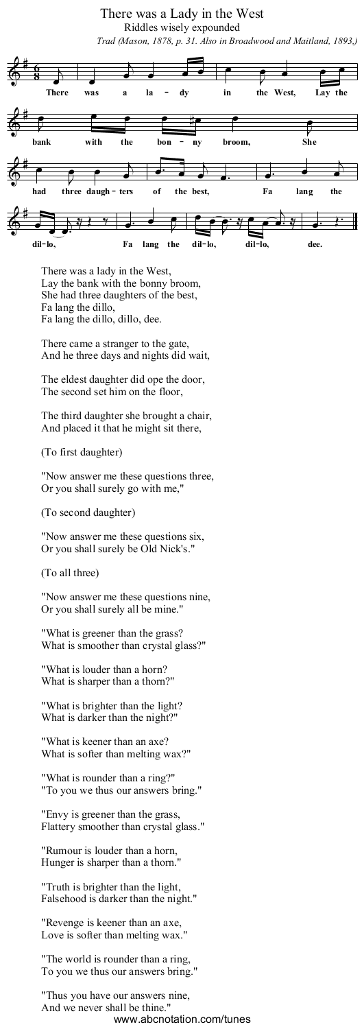 There was a Lady in the West - staff notation