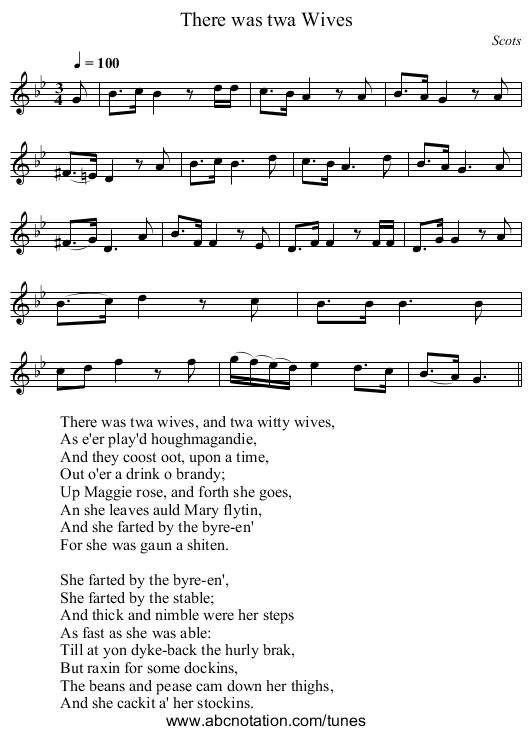 There was twa Wives - staff notation