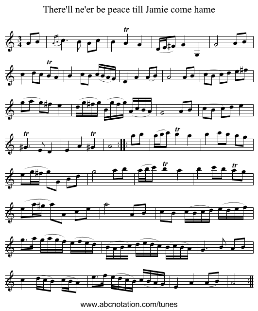 There'll ne'er be peace till Jamie come hame - staff notation