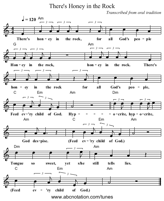 There's Honey in the Rock - staff notation