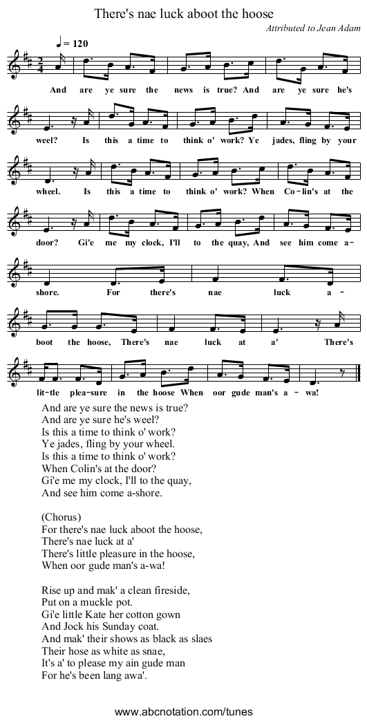 There's nae luck aboot the hoose - staff notation