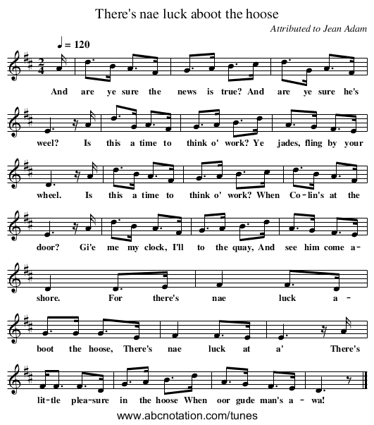 There's nae luck aboot the hoose - staff notation