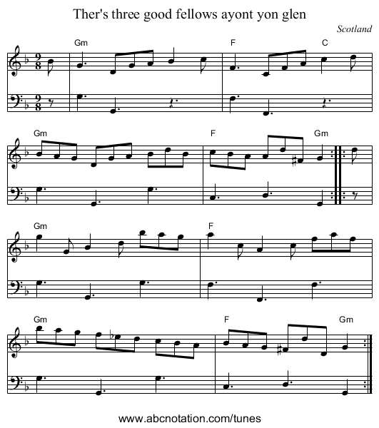 Ther's three good fellows ayont yon glen - staff notation