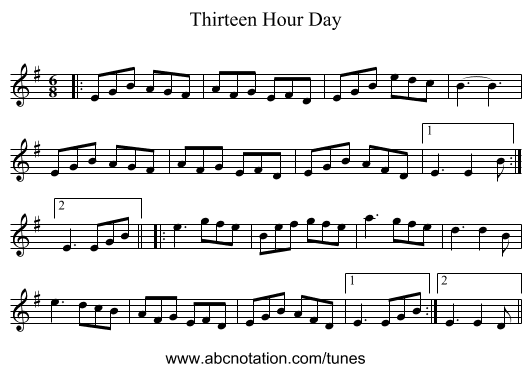 Thirteen Hour Day - staff notation