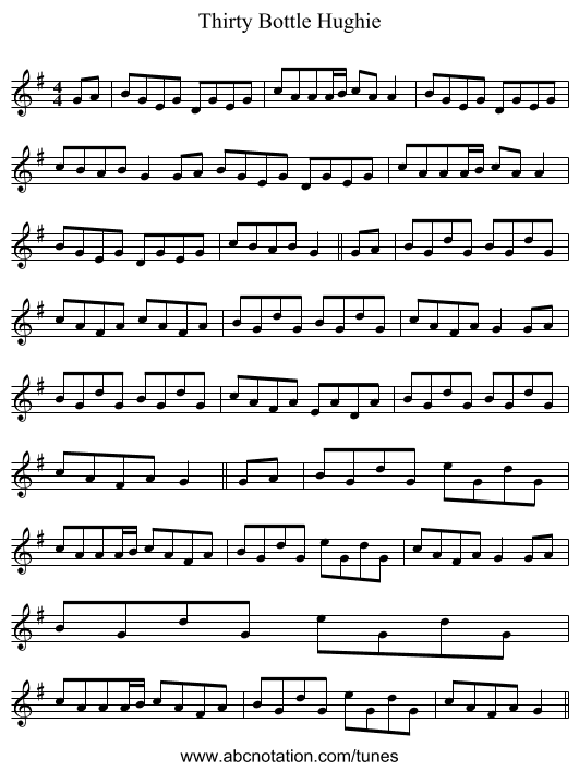 Thirty Bottle Hughie - staff notation
