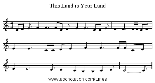 This Land is Your Land - staff notation