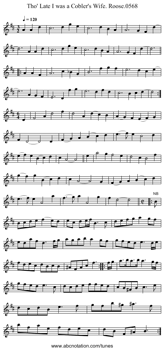 Tho' Late I was a Cobler's Wife. Roose.0568 - staff notation