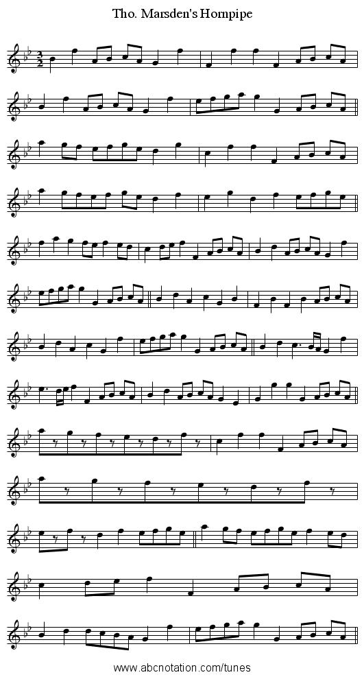 Tho. Marsden's Hornpipe - staff notation
