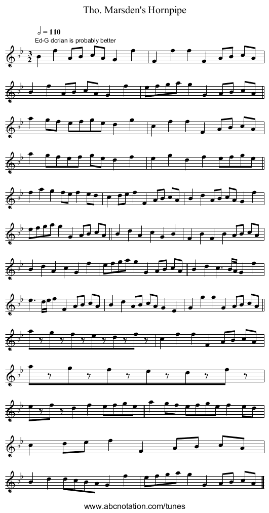 Tho. Marsden's Hornpipe - staff notation