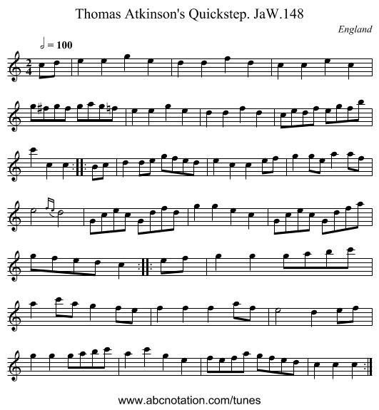 Thomas Atkinson's Quickstep. JaW.148 - staff notation