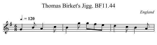 Thomas Birket's Jigg. BF11.44 - staff notation