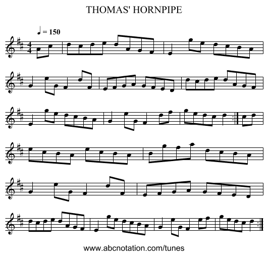 THOMAS' HORNPIPE - staff notation