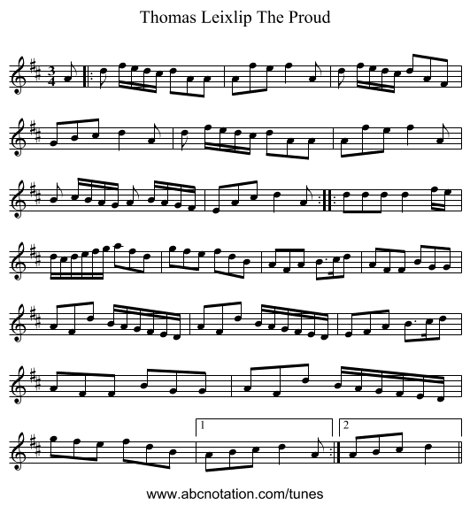 Thomas Leixlip The Proud - staff notation