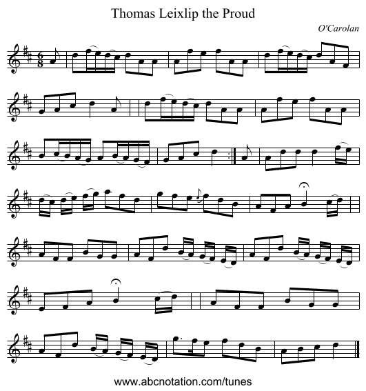 Thomas Leixlip the Proud - staff notation