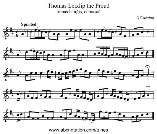 Thomas Leixlip the Proud - staff notation