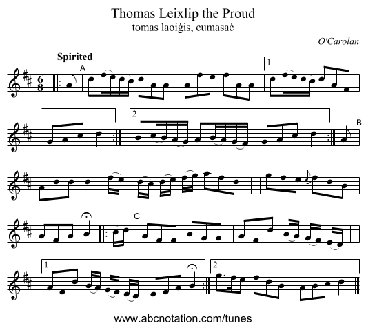 Thomas Leixlip the Proud - staff notation