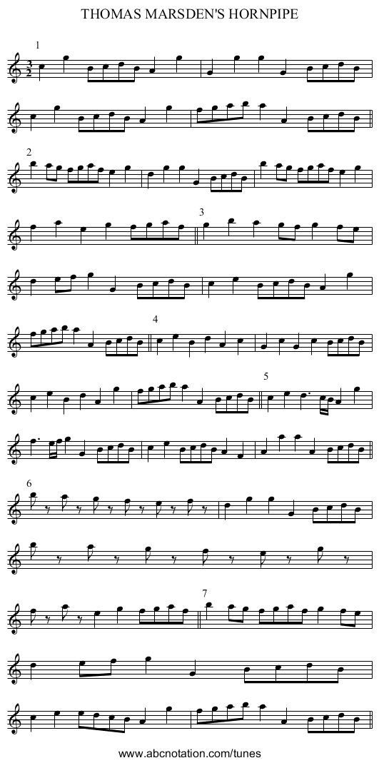 THOMAS MARSDEN'S HORNPIPE - staff notation