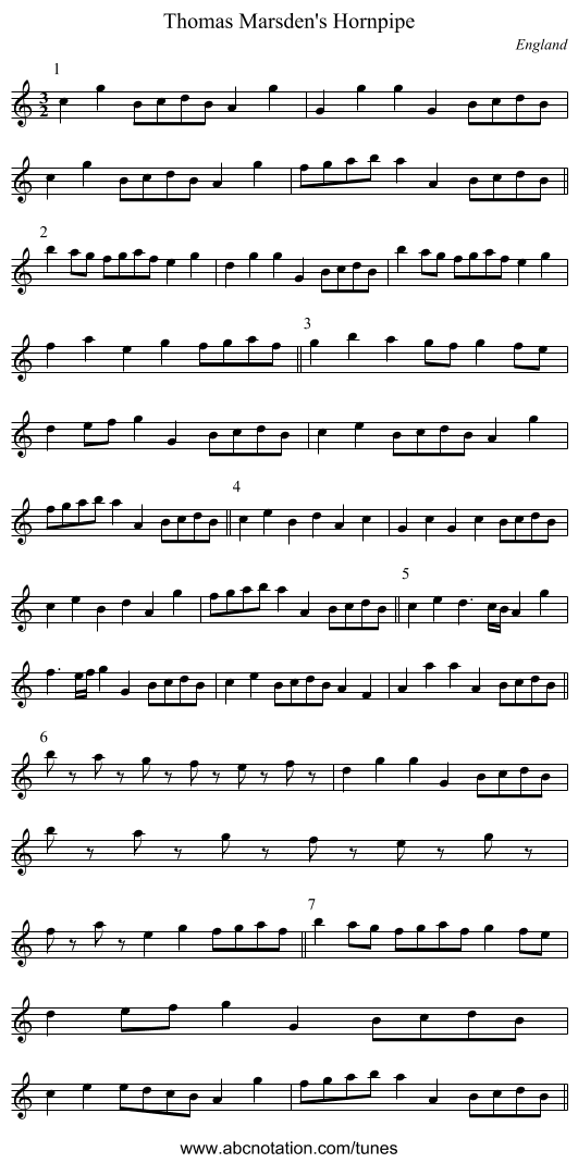 Thomas Marsden's Hornpipe - staff notation