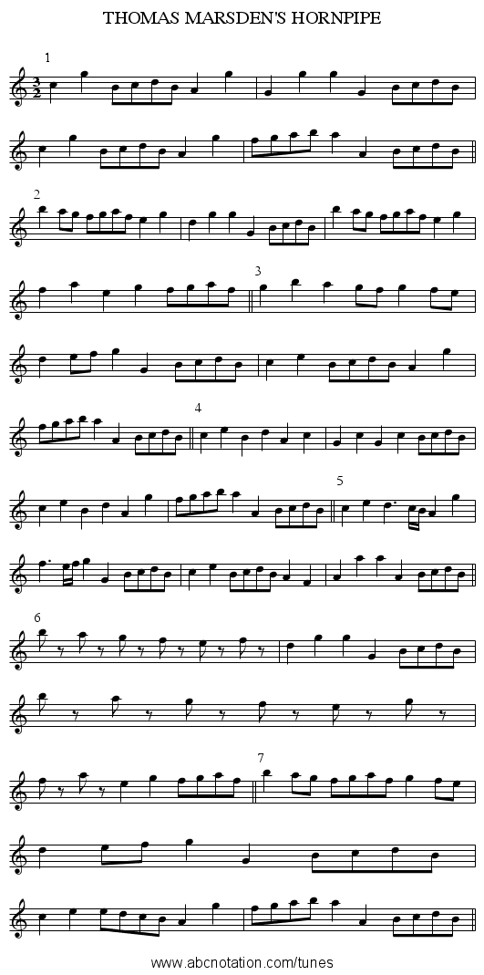 THOMAS MARSDEN'S HORNPIPE - staff notation