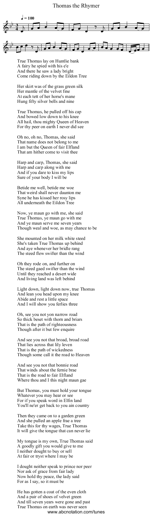 Thomas the Rhymer - staff notation