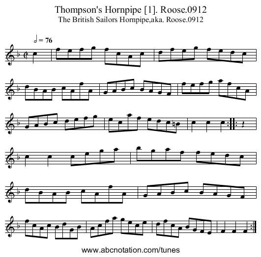 Thompson's Hornpipe [1]. Roose.0912 - staff notation