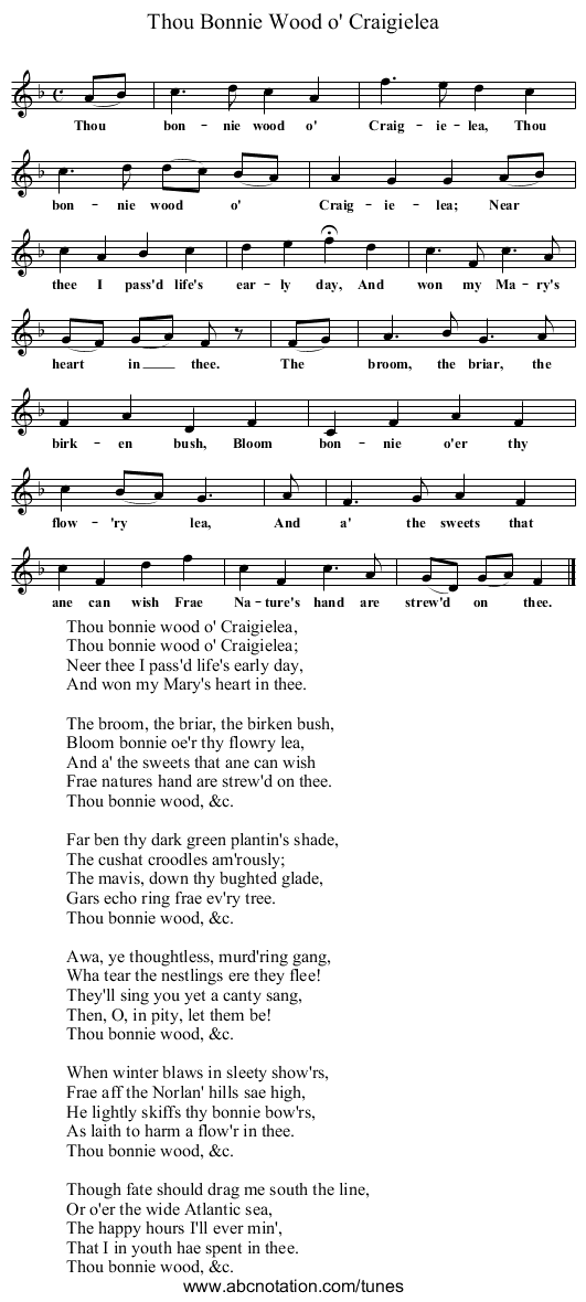 Thou Bonnie Wood o' Craigielea - staff notation