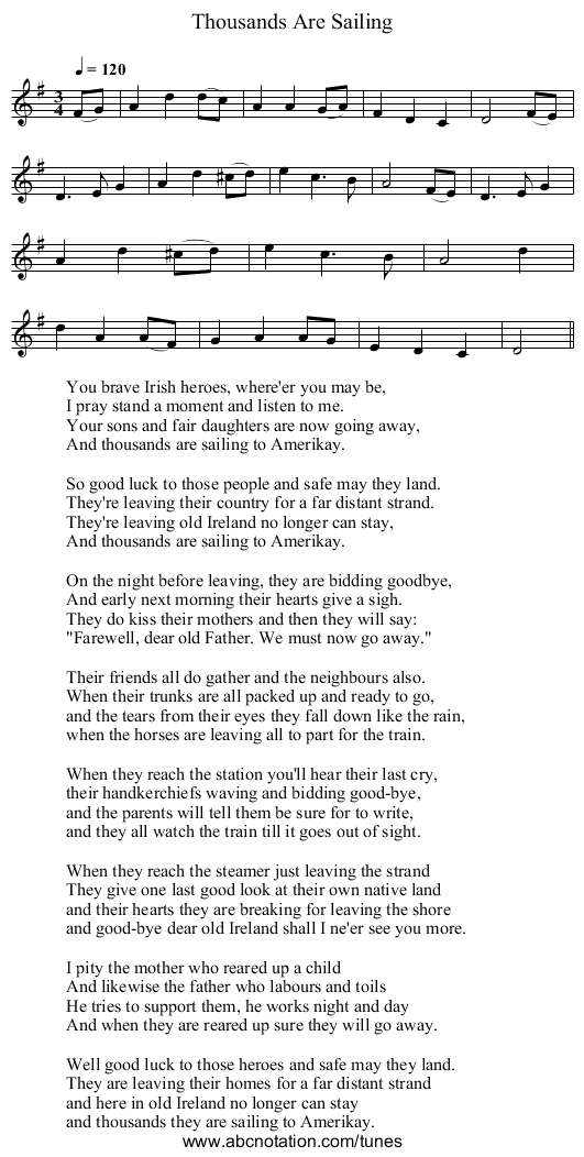 Thousands Are Sailing - staff notation