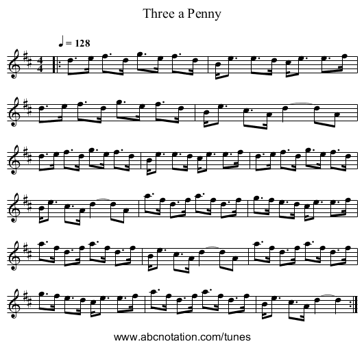 Three a Penny - staff notation