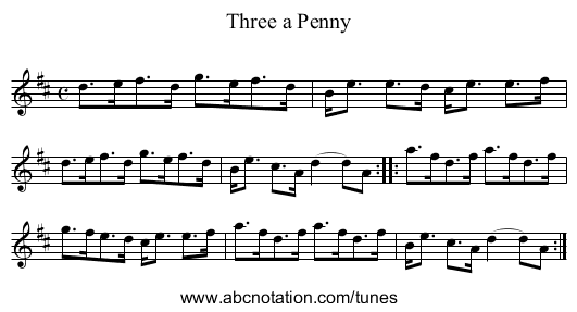Three a Penny - staff notation
