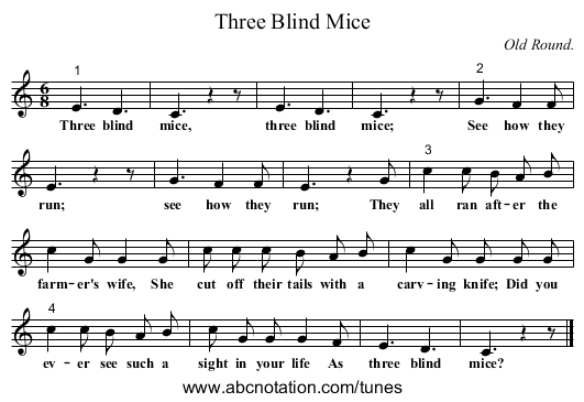Three Blind Mice - staff notation