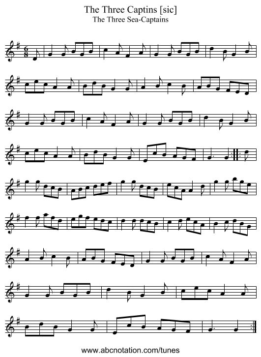 Three Captins [sic], The - staff notation