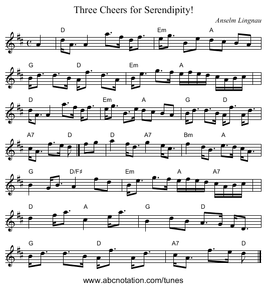 Three Cheers for Serendipity! - staff notation