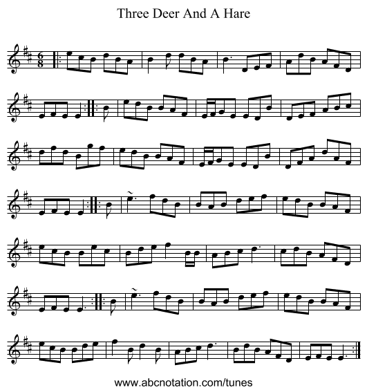 Three Deer And A Hare - staff notation