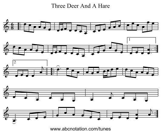 Three Deer And A Hare - staff notation