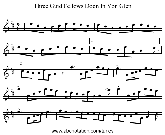 Three Guid Fellows Doon In Yon Glen - staff notation