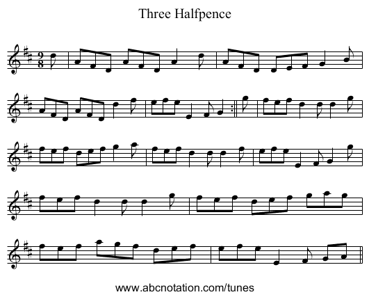 Three Halfpence - staff notation