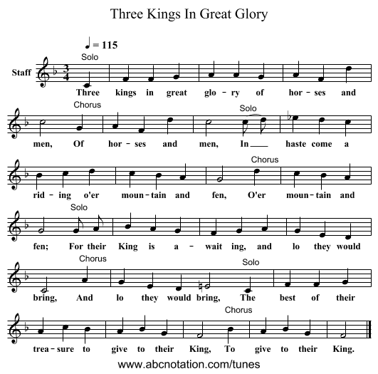 Three Kings In Great Glory - staff notation