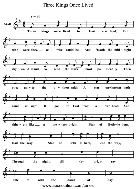 Three Kings Once Lived - staff notation