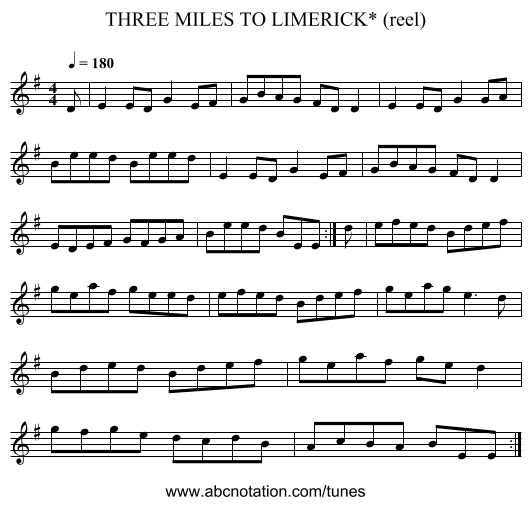 THREE MILES TO LIMERICK* (reel) - staff notation