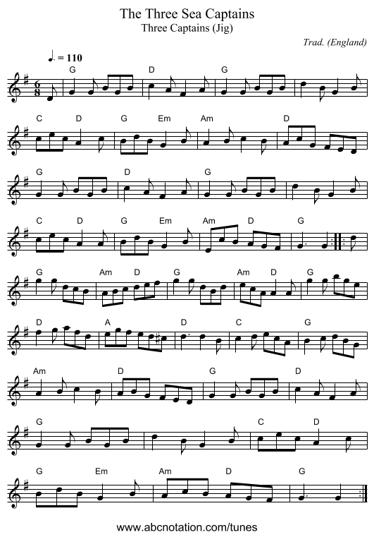 Three Sea Captains, The - staff notation