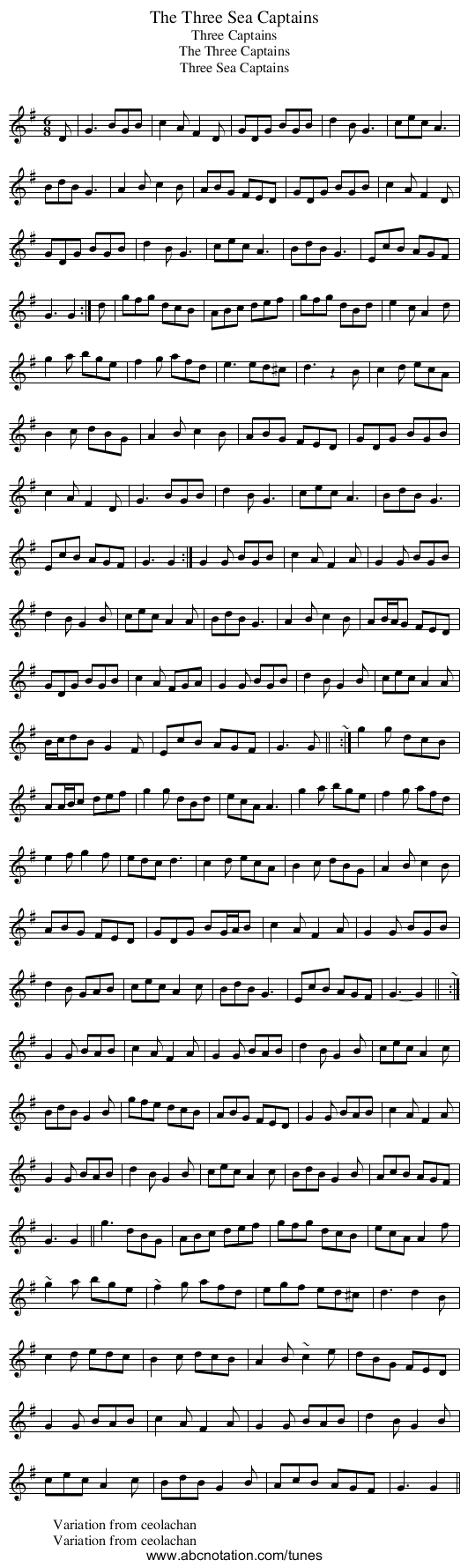 Three Sea Captains, The - staff notation