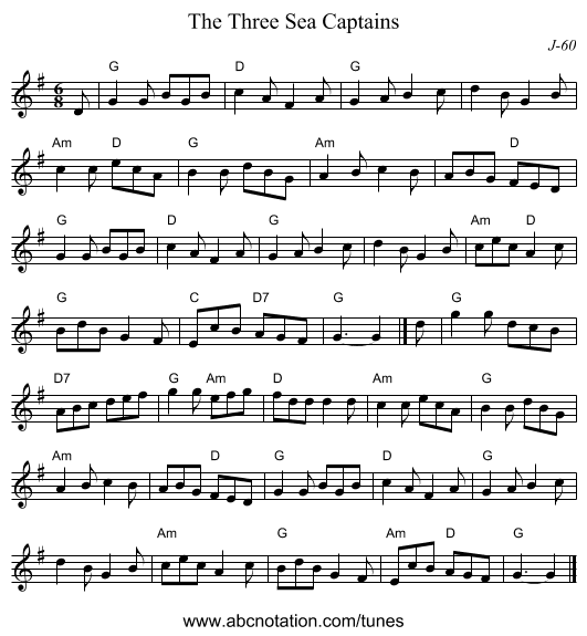 Three Sea Captains, The - staff notation