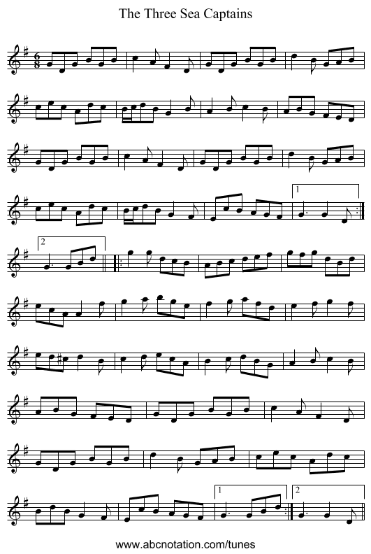 Three Sea Captains, The - staff notation