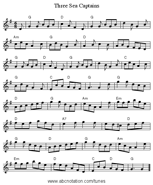 Three Sea Captains - staff notation