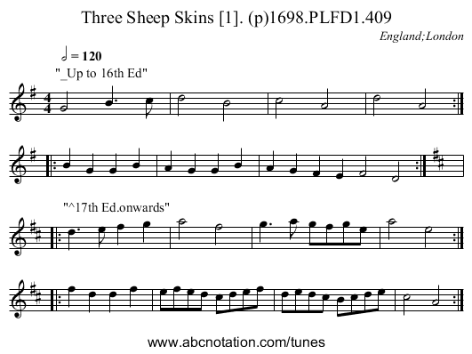 Three Sheep Skins [1]. (p)1698.PLFD1.409 - staff notation