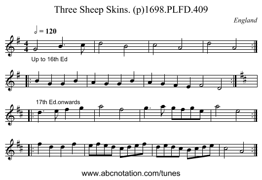 Three Sheep Skins. (p)1698.PLFD.409 - staff notation