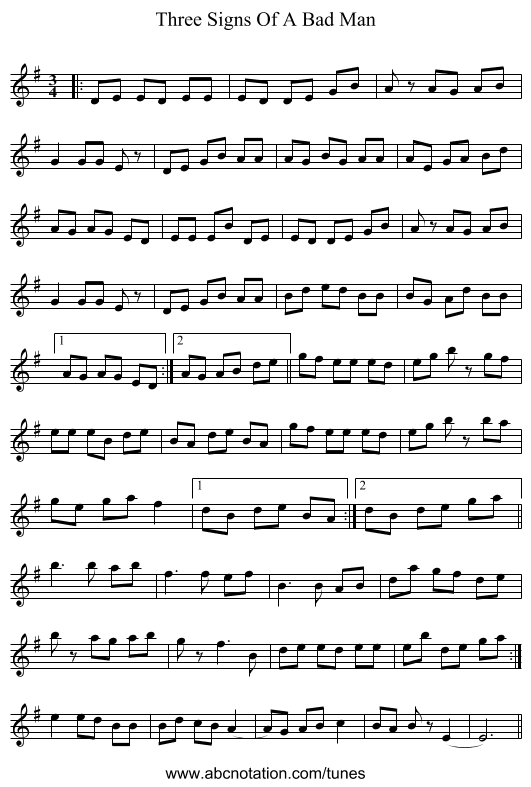 Three Signs Of A Bad Man - staff notation