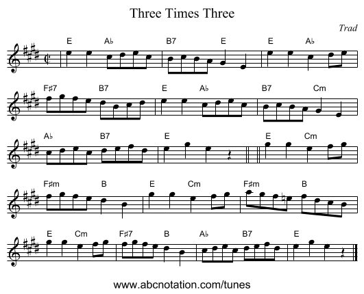 Three Times Three - staff notation