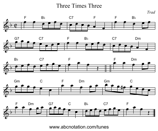 Three Times Three - staff notation
