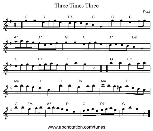 Three Times Three - staff notation